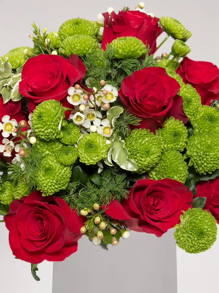 Bouquet roselline rosse santini verdi close up